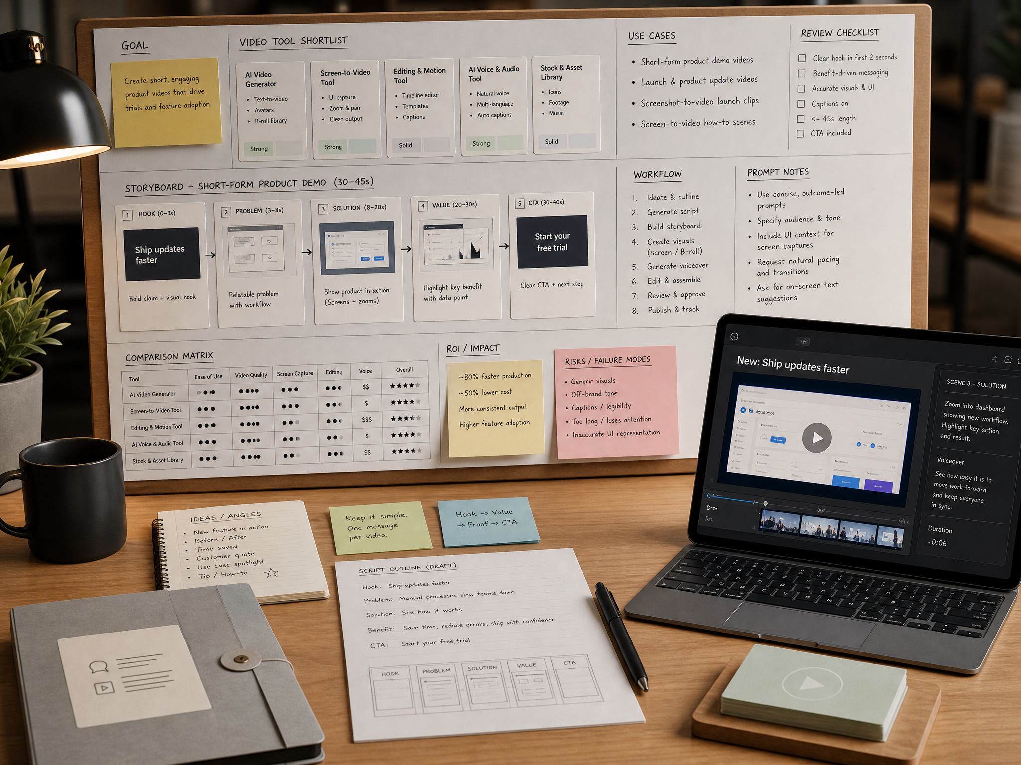 AI Video Workflow hero visual showing a practical workflow for short-form product demo videos.